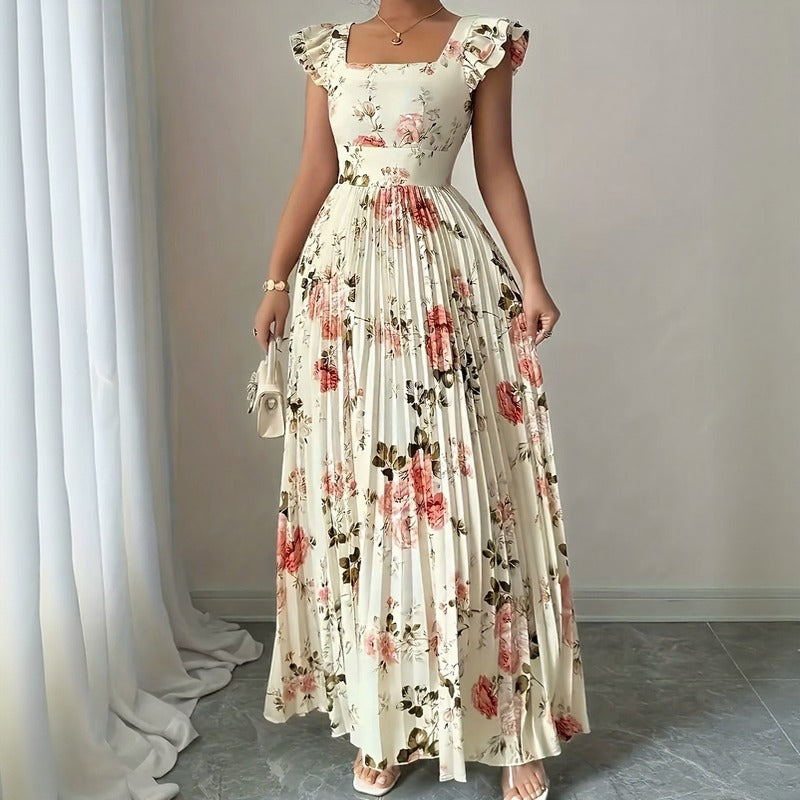 Evangeline™ Dress with Classic Floral Print and Refined Pleats