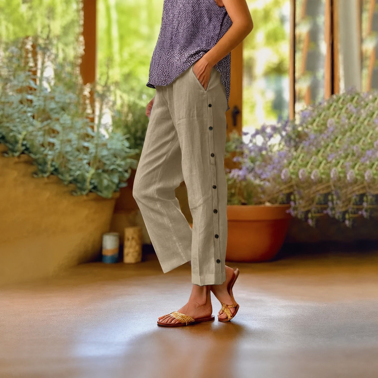 Ella™ Cropped Cotton-Linen Pants with Elegant Side Buttons