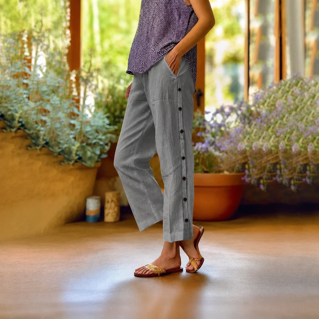 Ella™ Cropped Cotton-Linen Pants with Elegant Side Buttons