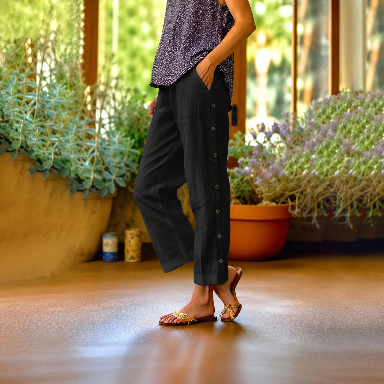 Ella™ Cropped Cotton-Linen Pants with Elegant Side Buttons