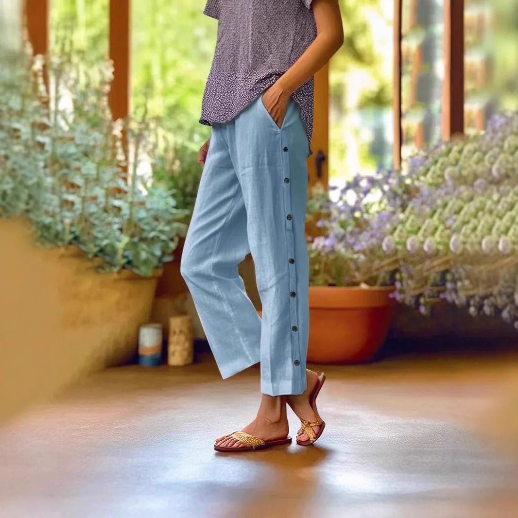 Ella™ Cropped Cotton-Linen Pants with Elegant Side Buttons