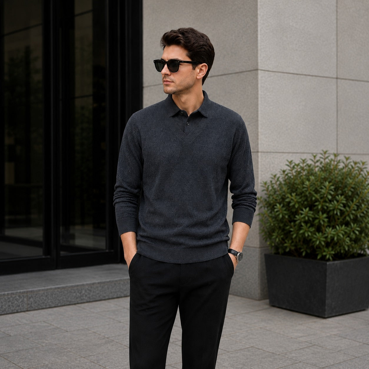 Lyon™ Premium Textured Knit Sweater with Integrated Polo Collar