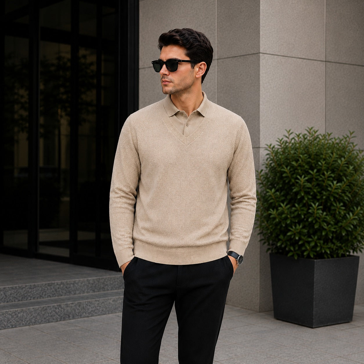 Lyon™ Premium Textured Knit Sweater with Integrated Polo Collar
