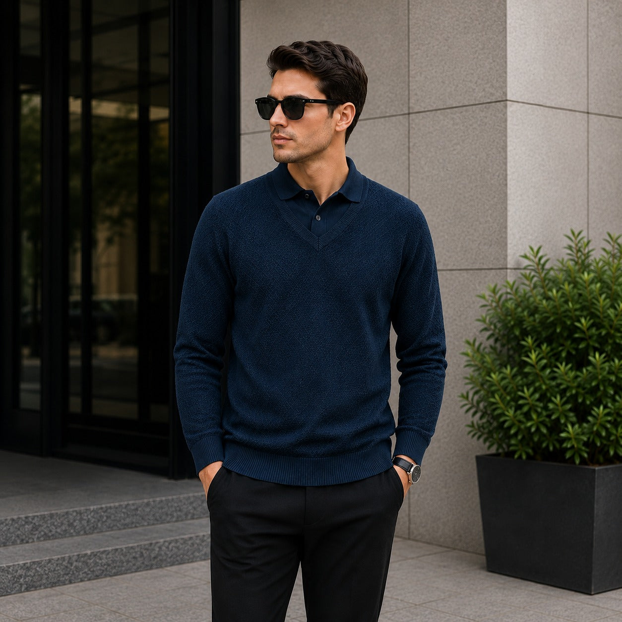 Lyon™ Premium Textured Knit Sweater with Integrated Polo Collar