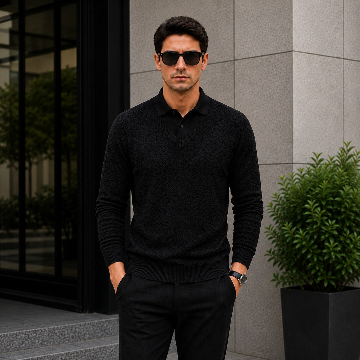 Lyon™ Premium Textured Knit Sweater with Integrated Polo Collar