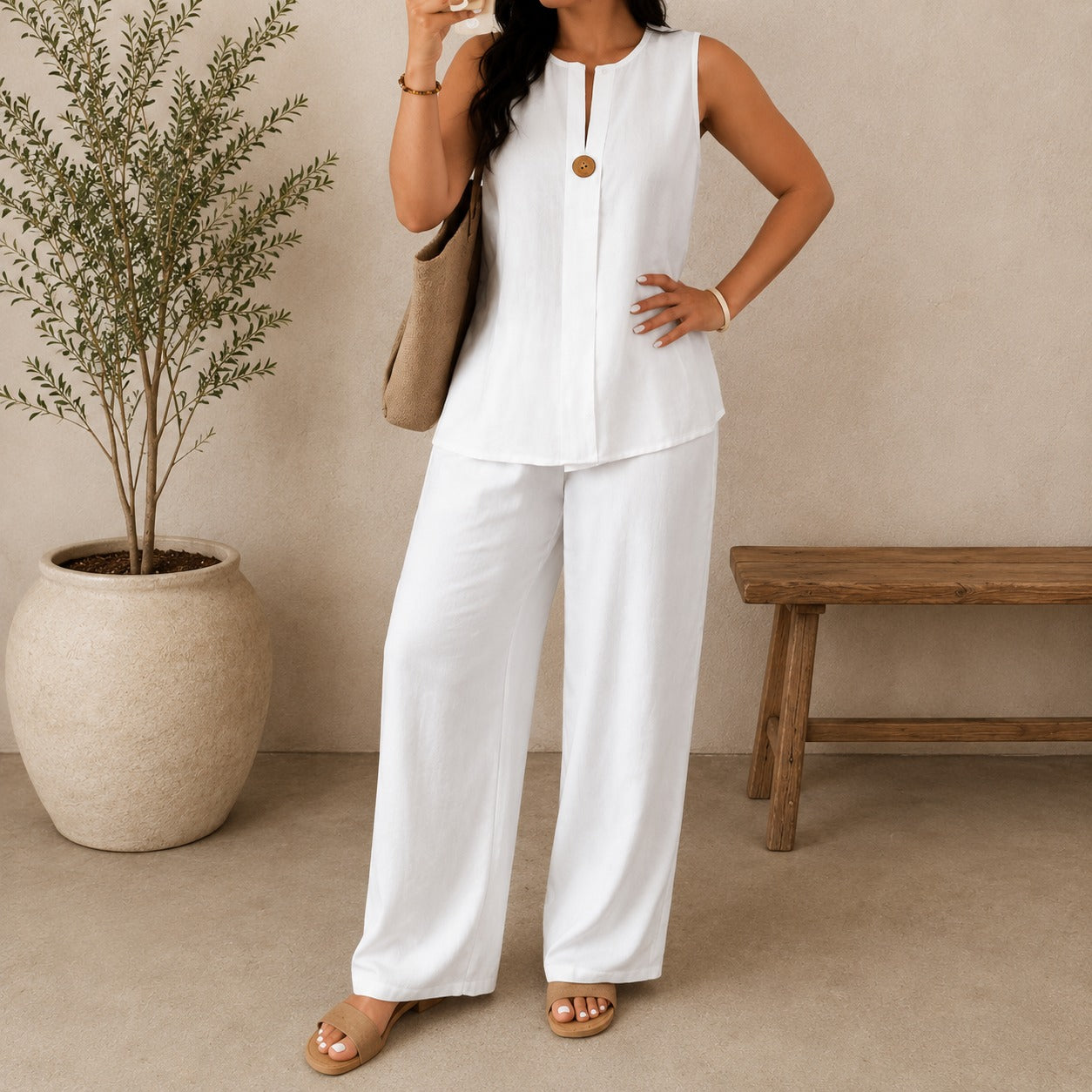 Lucienne™ Set with Front Keyhole Neckline Top and Palazzo Pants