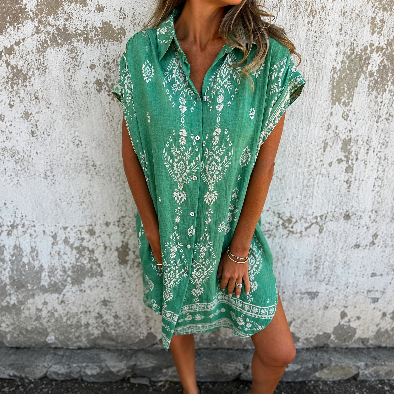 Zahara™ Cotton Linen Shirt Dress with Boho Print