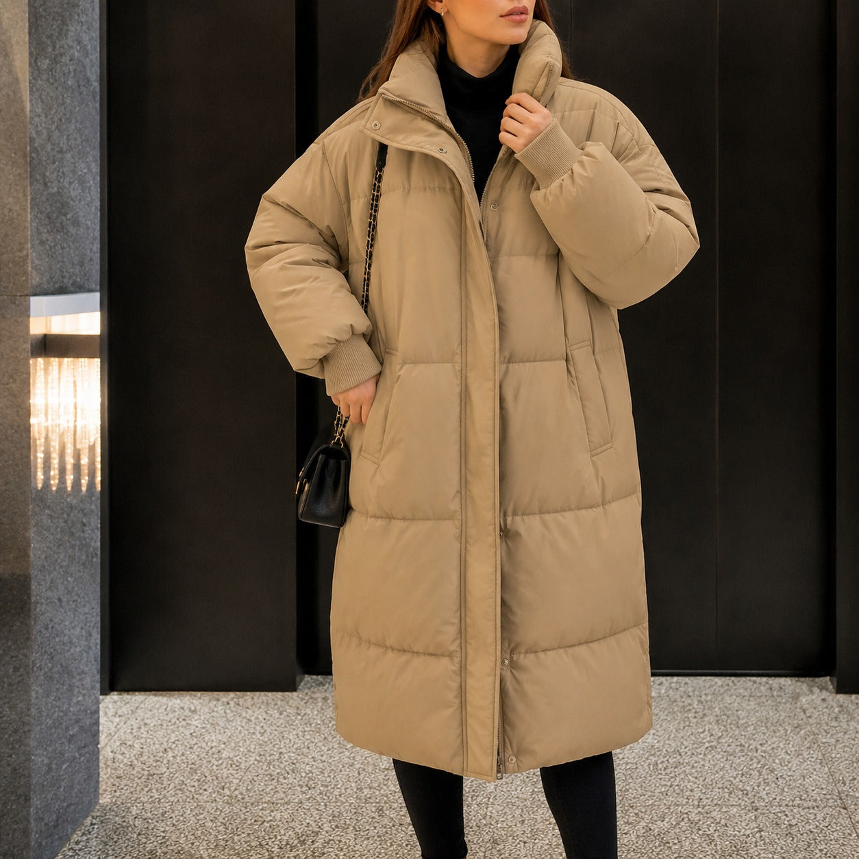 Chamonix™ Long Quilted Coat with Hood and High Collar
