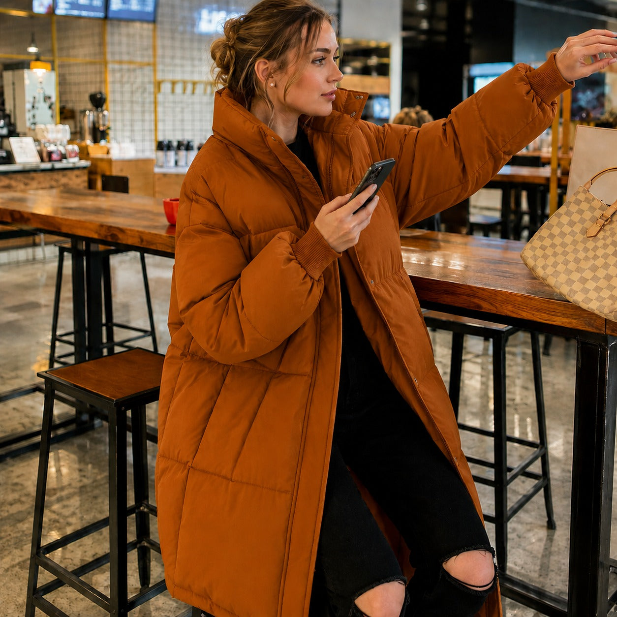 Chamonix™ Long Quilted Coat with Hood and High Collar