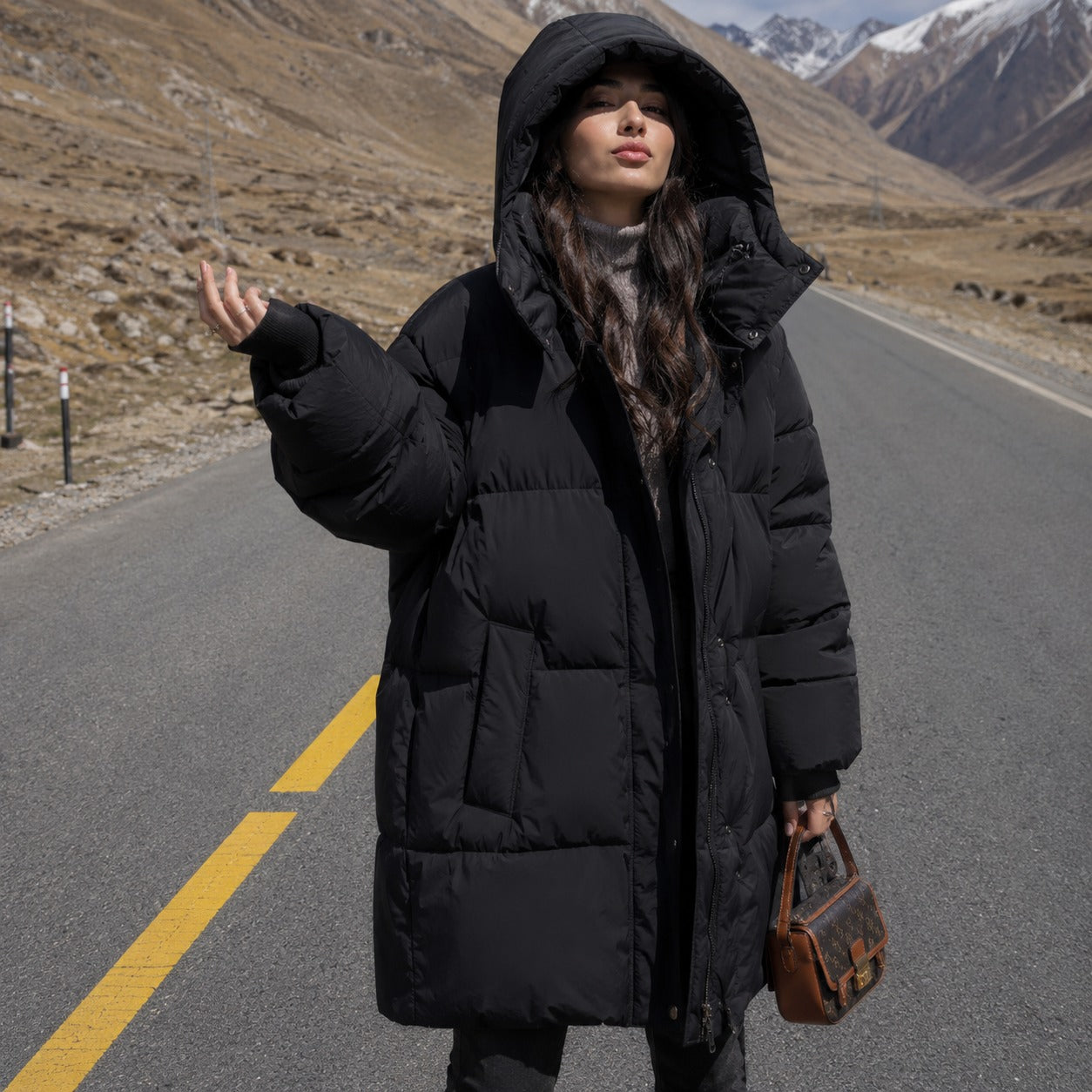 Chamonix™ Long Quilted Coat with Hood and High Collar