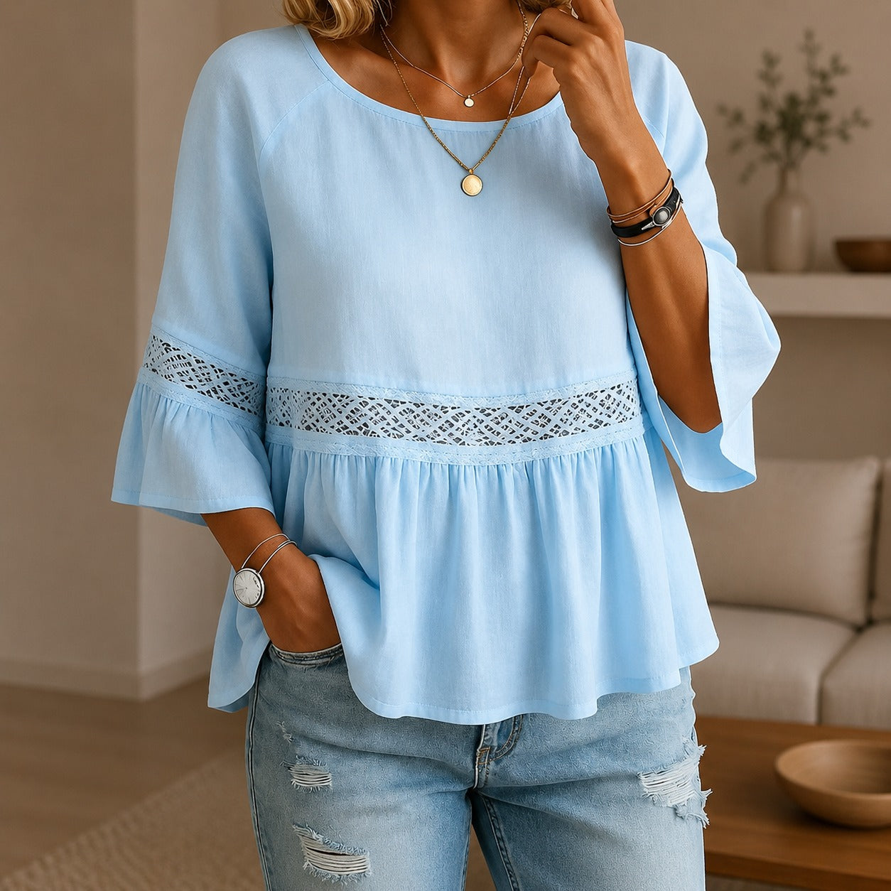 Aitana™ Linen-Cotton Blouse with Delicate Lace and Flared Sleeves