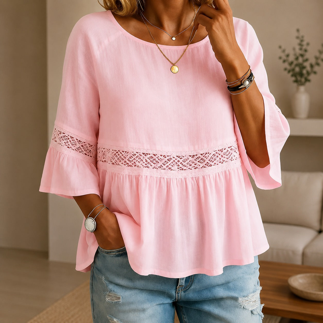 Aitana™ Linen-Cotton Blouse with Delicate Lace and Flared Sleeves