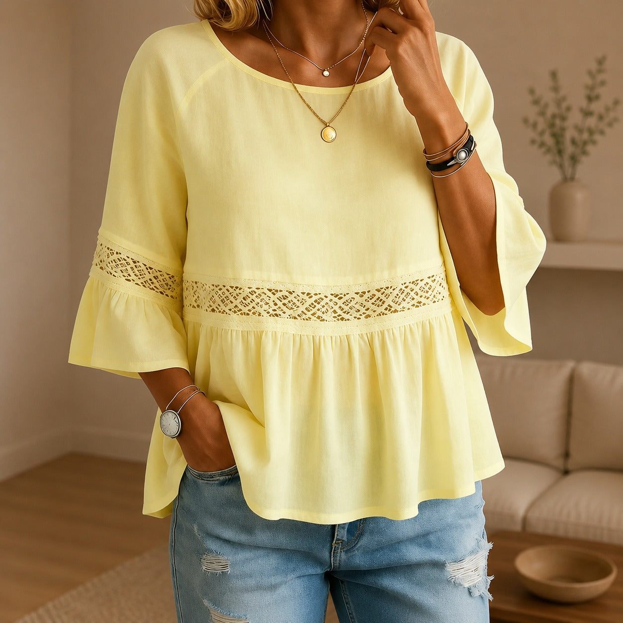 Aitana™ Linen-Cotton Blouse with Delicate Lace and Flared Sleeves