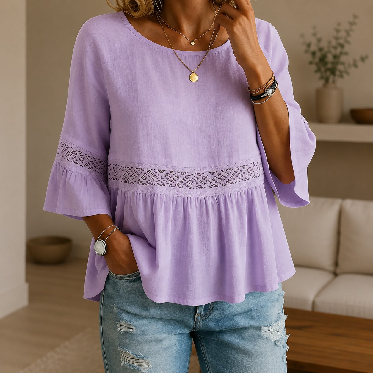Aitana™ Linen-Cotton Blouse with Delicate Lace and Flared Sleeves