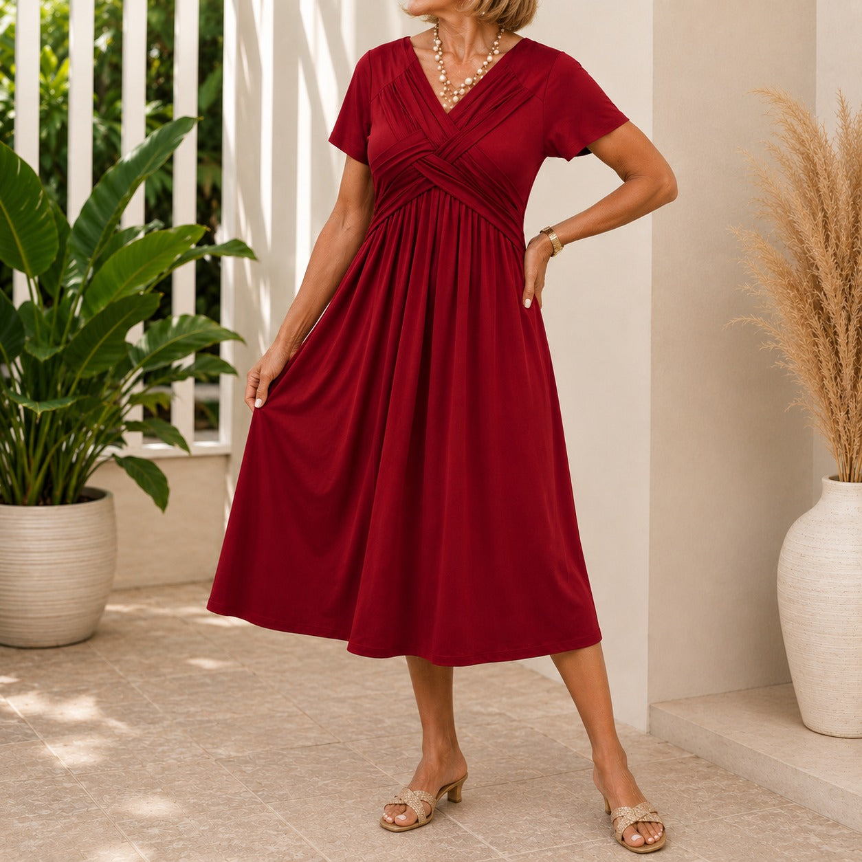 Dress Lirenne™ with V-Neck, Draped Wrap Bodice and Flowy Midi Skirt