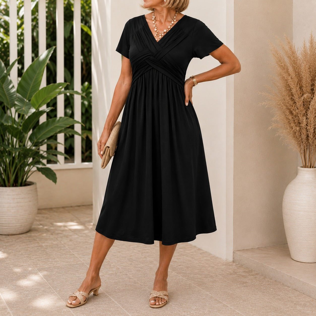 Dress Lirenne™ with V-Neck, Draped Wrap Bodice and Flowy Midi Skirt