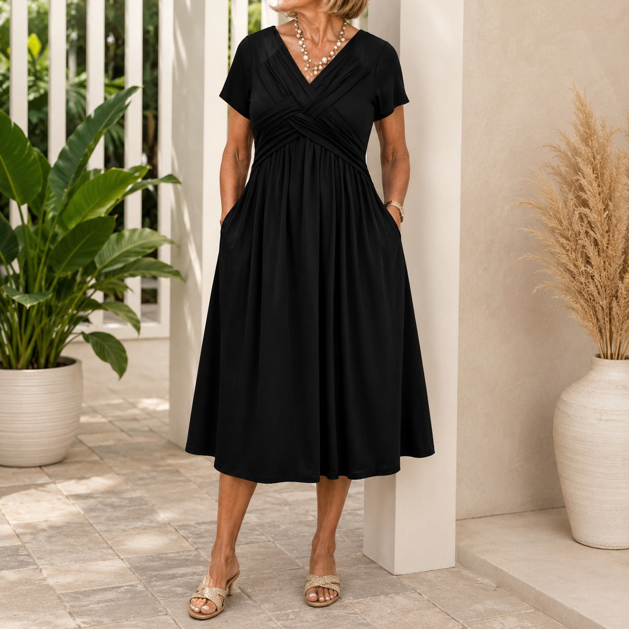 Dress Lirenne™ with V-Neck, Draped Wrap Bodice and Flowy Midi Skirt
