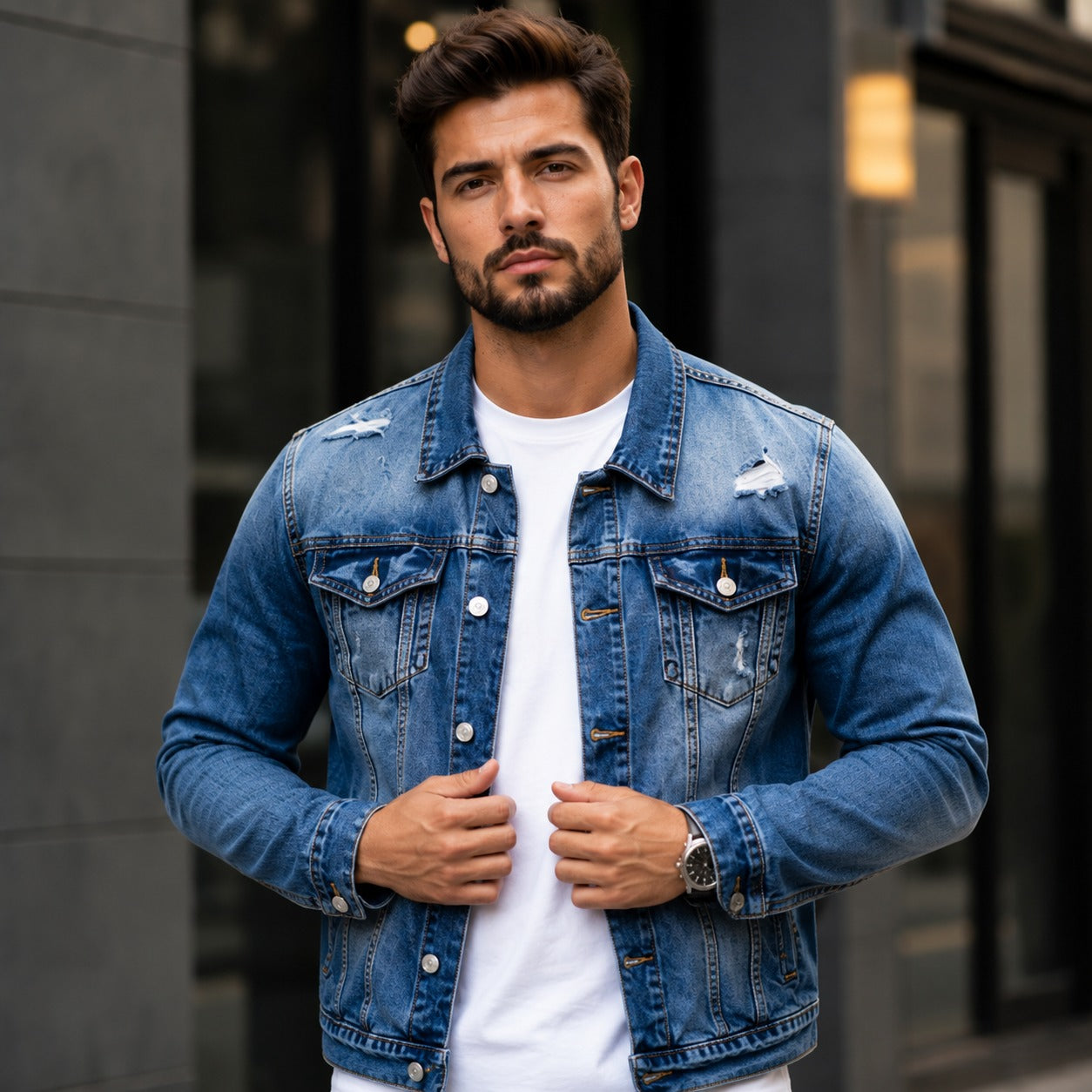 Logan™ Denim Jacket with Premium Stone Wash and Distressed Details