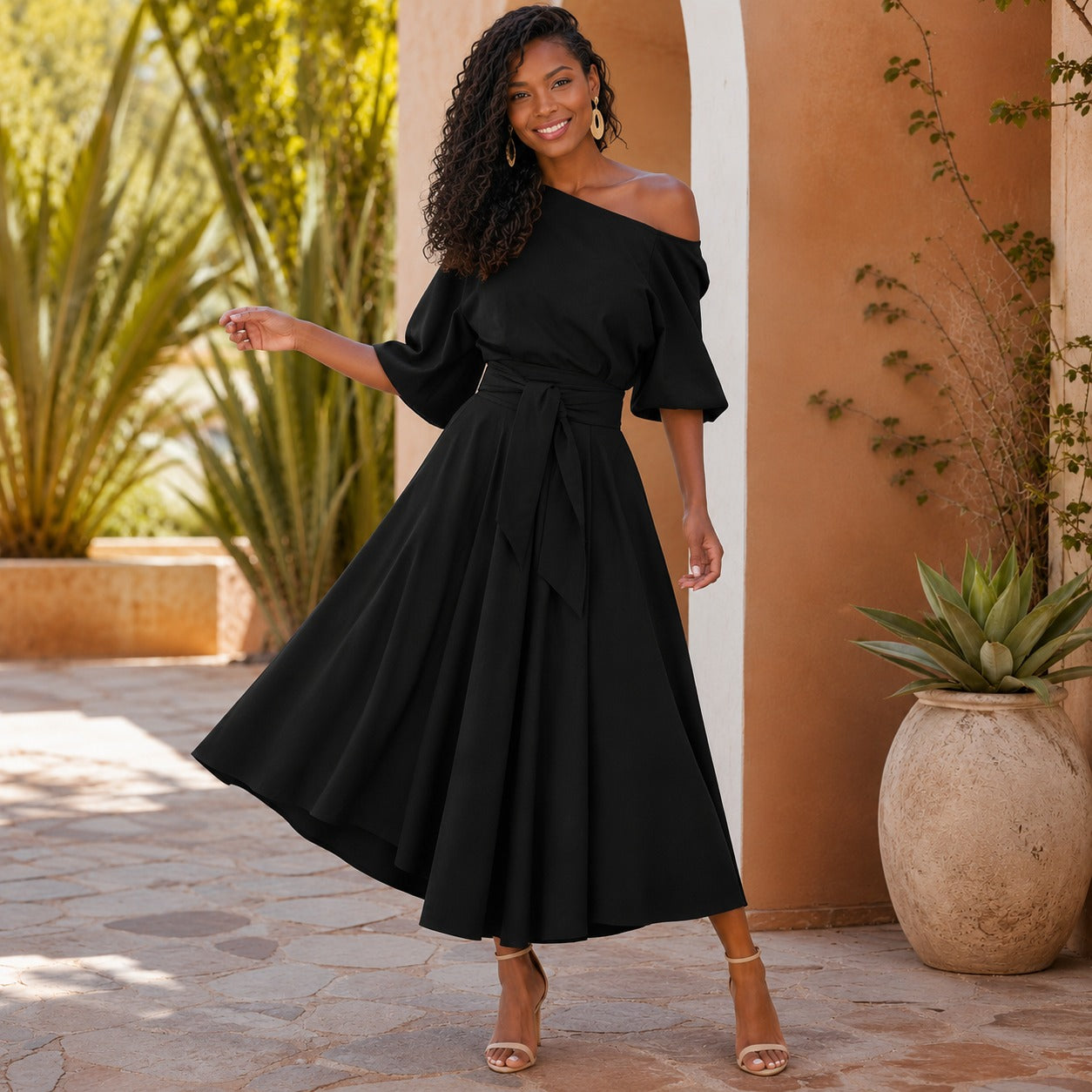 Verona Belle™ Dress with Versatile Neckline and Elegant Waist Tie