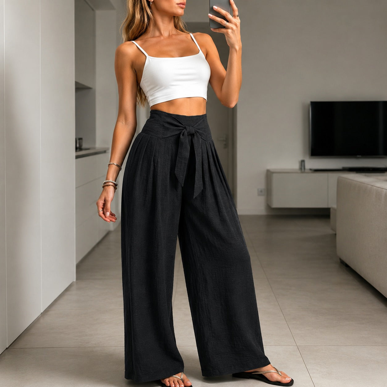 Arielle™ Wide-Leg Pants with Elegant Adjustable Waist Tie and Structured Waistband