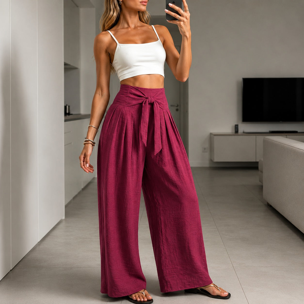 Arielle™ Wide-Leg Pants with Elegant Adjustable Waist Tie and Structured Waistband