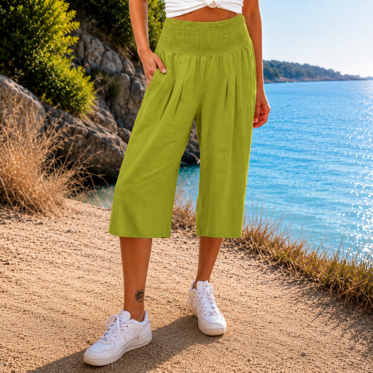 Rosetta™ Cotton Linen Cropped Wide-Leg Pants with Elegant Shirred Waistband