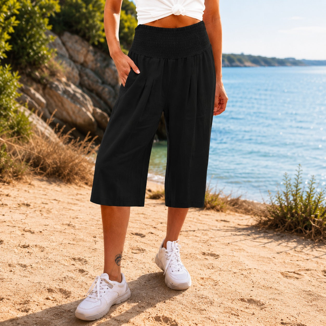 Rosetta™ Cotton Linen Cropped Wide-Leg Pants with Elegant Shirred Waistband