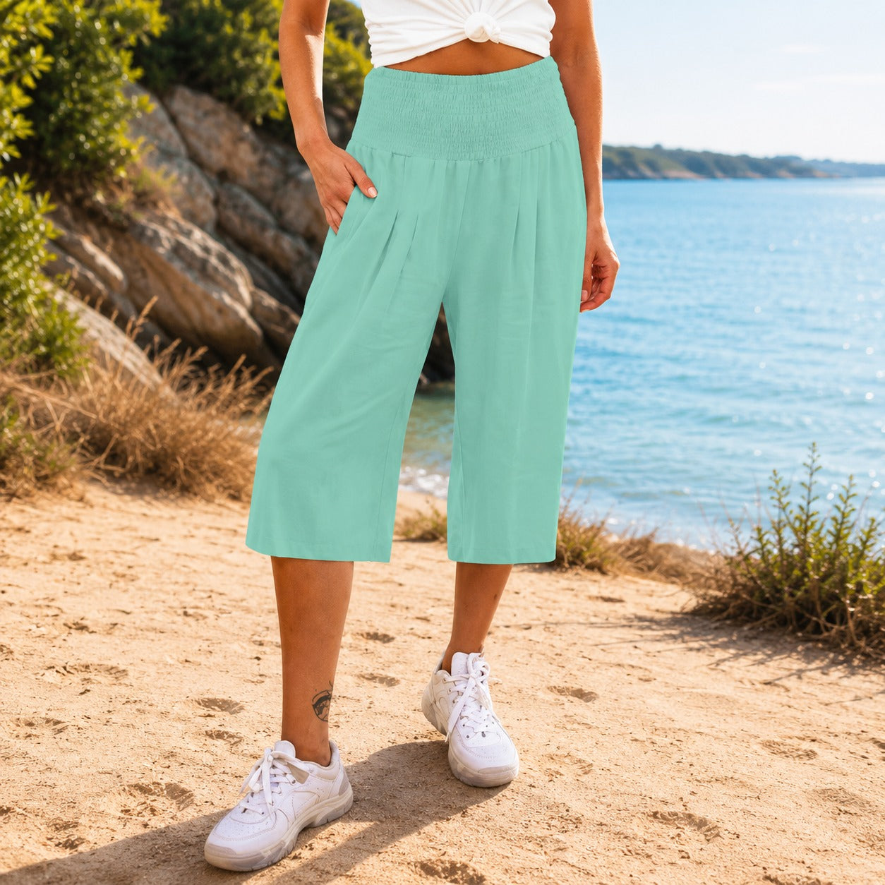 Rosetta™ Cotton Linen Cropped Wide-Leg Pants with Elegant Shirred Waistband