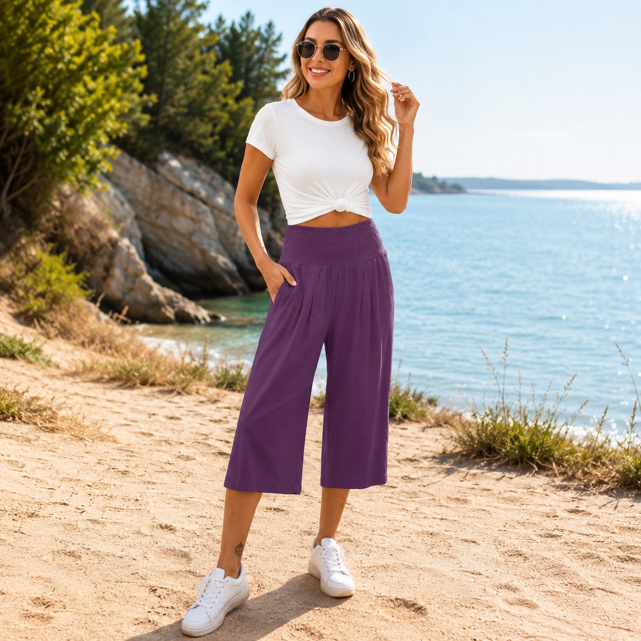 Rosetta™ Cotton Linen Cropped Wide-Leg Pants with Elegant Shirred Waistband