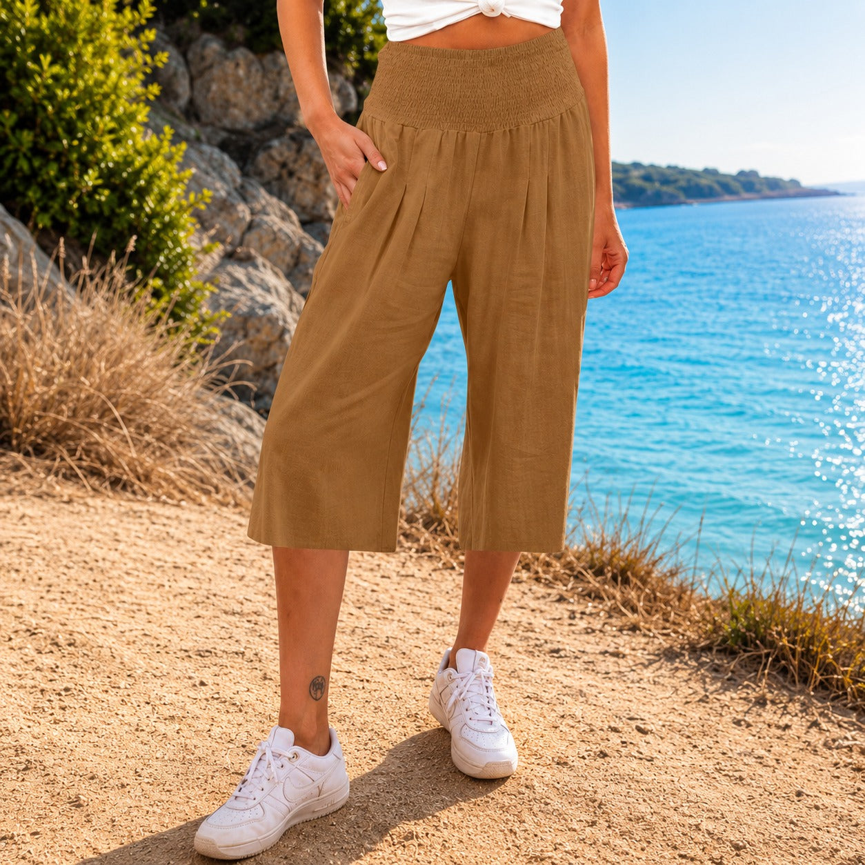 Rosetta™ Cotton Linen Cropped Wide-Leg Pants with Elegant Shirred Waistband