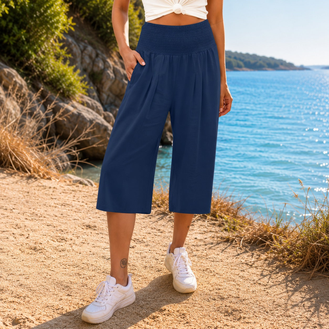 Rosetta™ Cotton Linen Cropped Wide-Leg Pants with Elegant Shirred Waistband