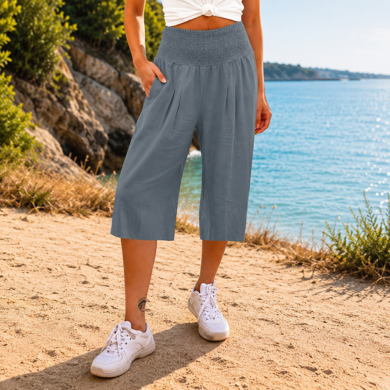 Rosetta™ Cotton Linen Cropped Wide-Leg Pants with Elegant Shirred Waistband