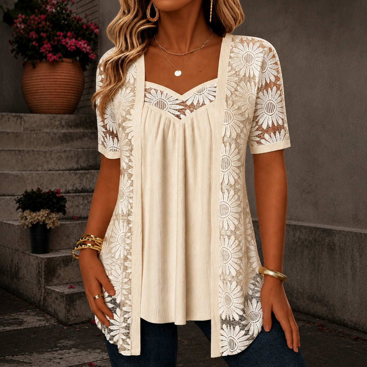 Nadia™ Cotton-Linen Blend Blouse with Layered Lace Design