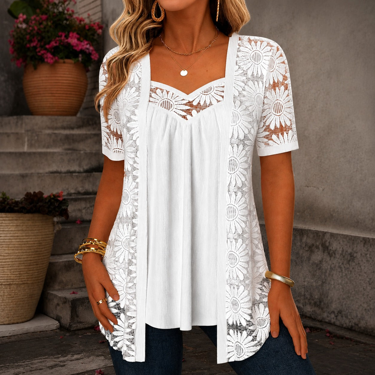 Nadia™ Cotton-Linen Blend Blouse with Layered Lace Design
