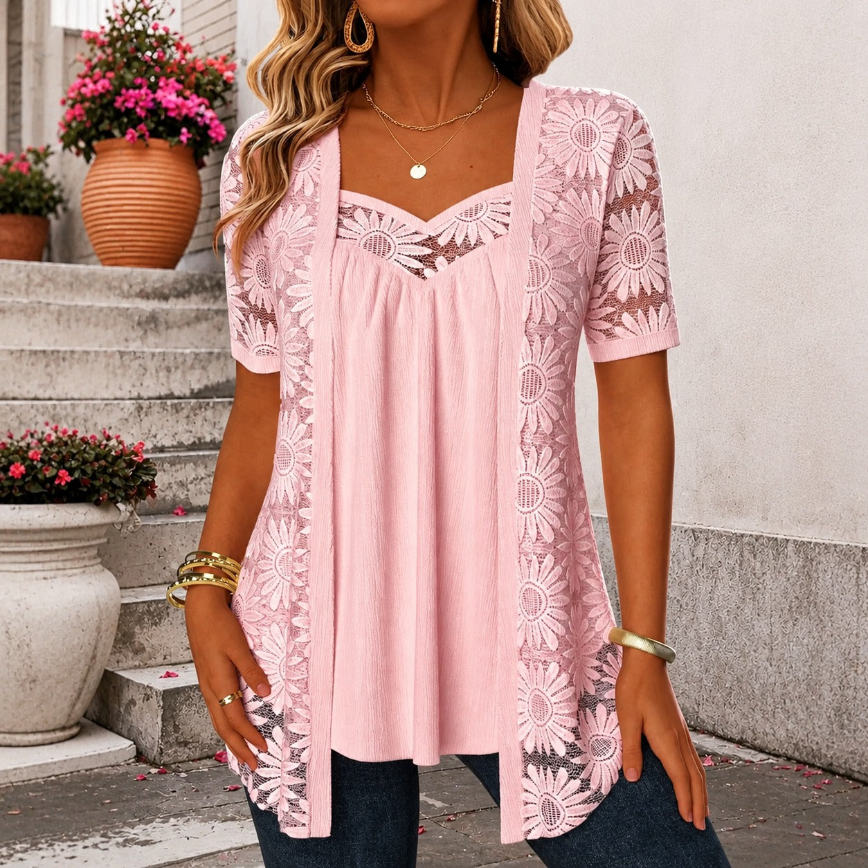 Nadia™ Cotton-Linen Blend Blouse with Layered Lace Design