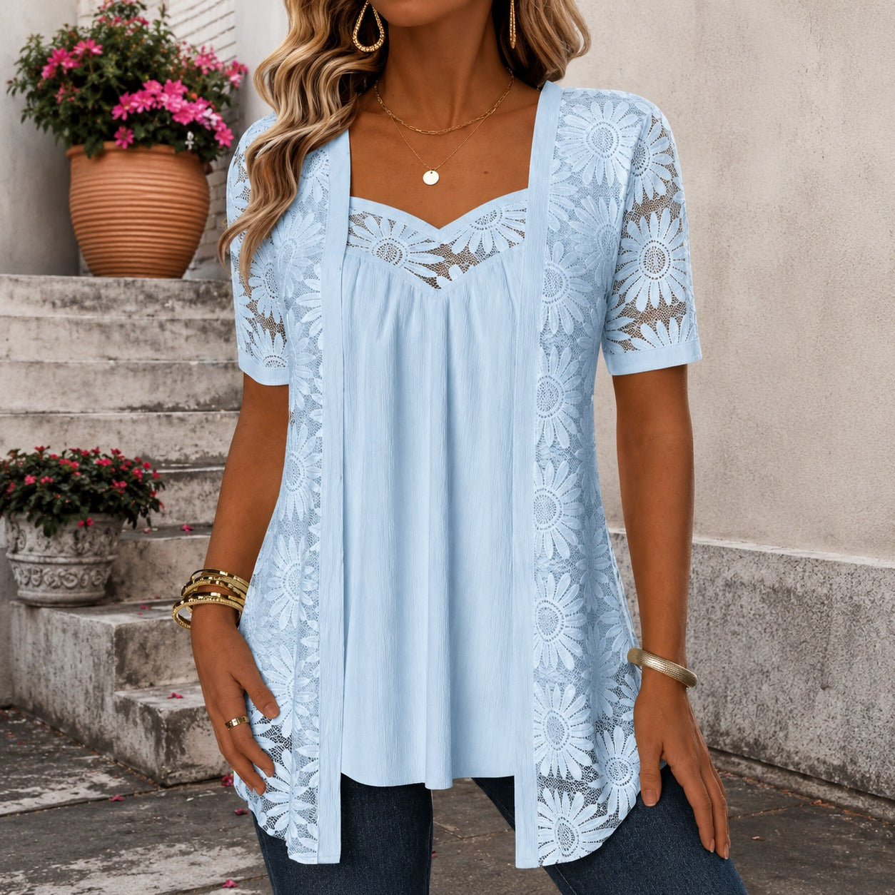 Nadia™ Cotton-Linen Blend Blouse with Layered Lace Design