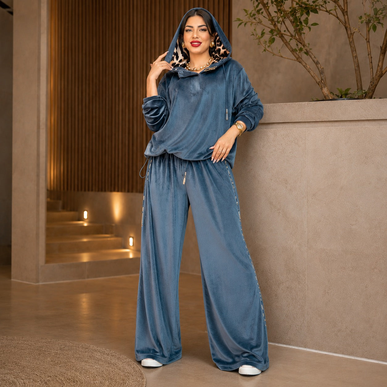 Brielle™ Premium Velvet Set with an Animal Print Hood and Palazzo Pants