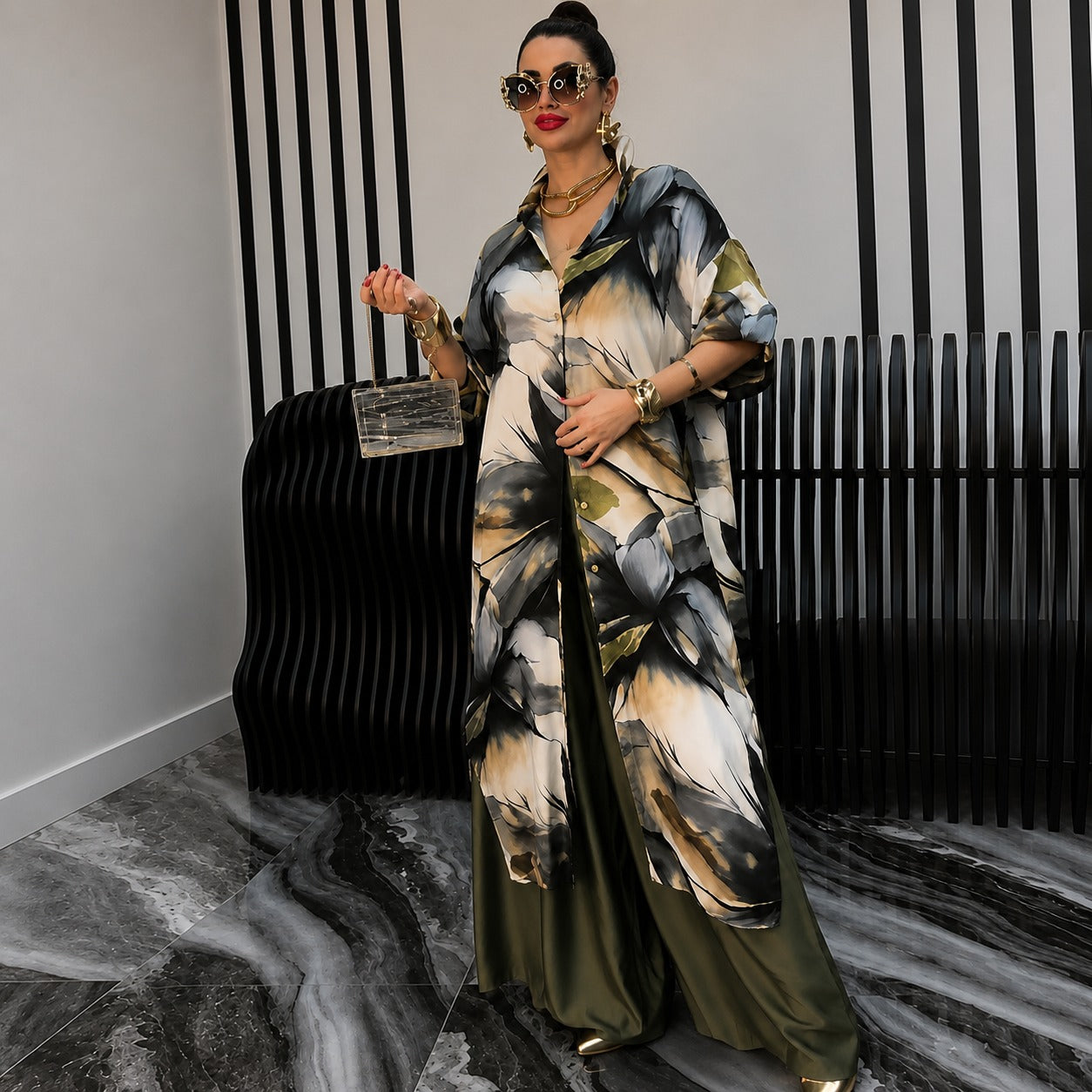 Odette™ Set with Printed Longline Shirt and Relaxed Wide-Leg Pants
