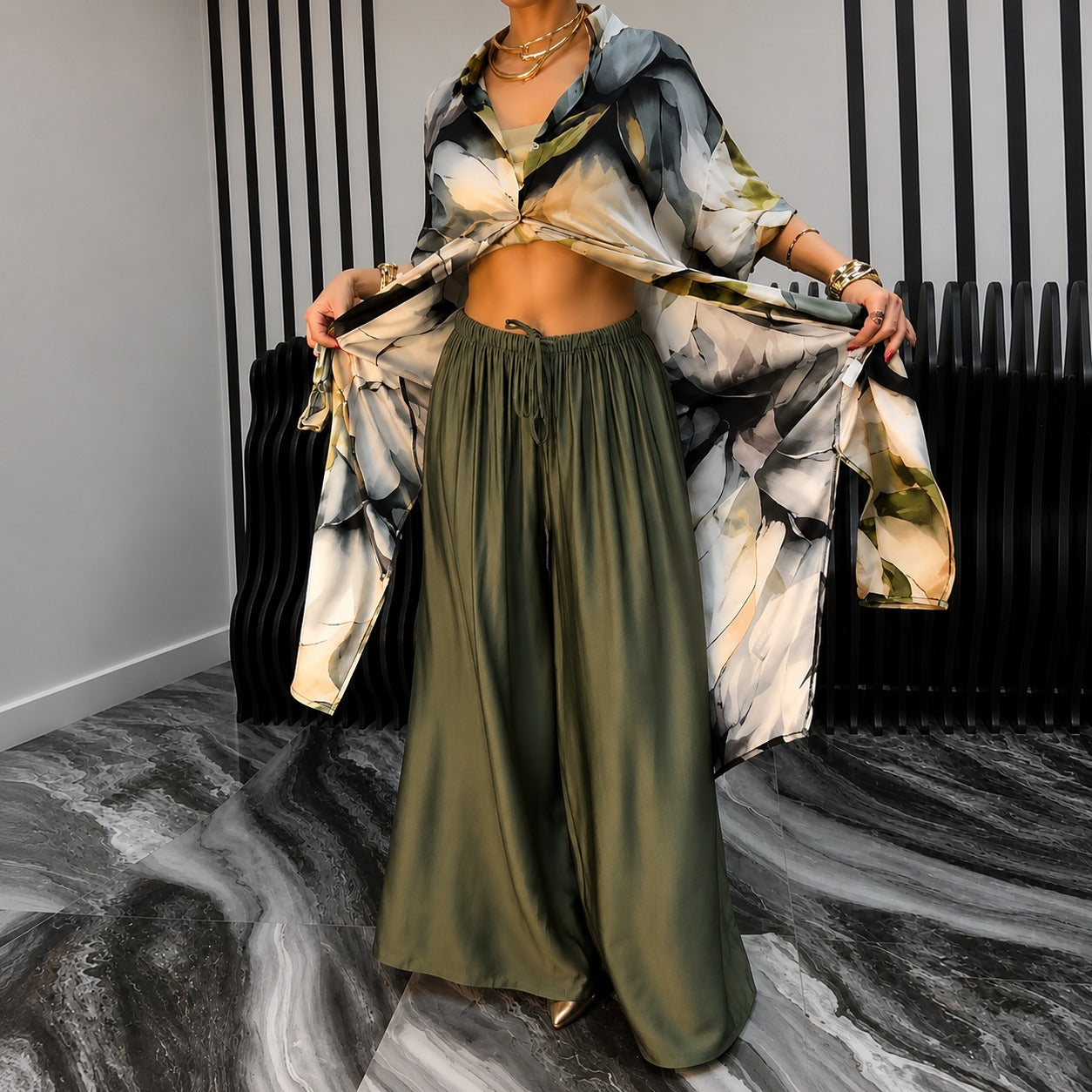Odette™ Set with Printed Longline Shirt and Relaxed Wide-Leg Pants
