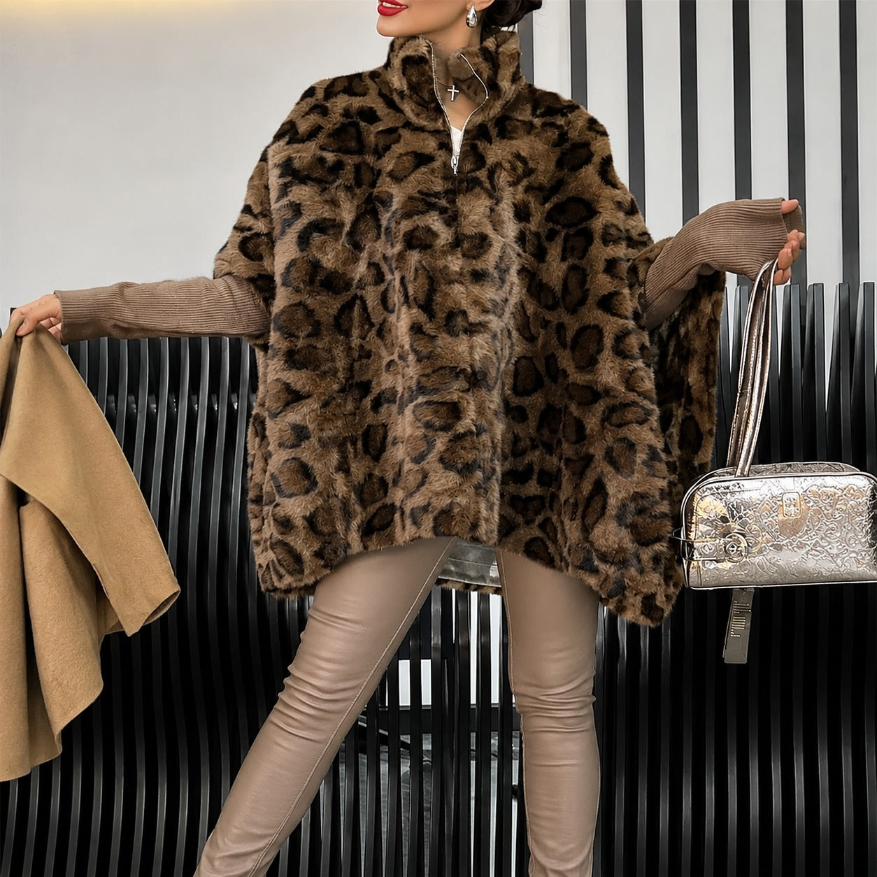 Coat Marlowe™ with Faux Fur Animal Print and Ribbed Sleeves