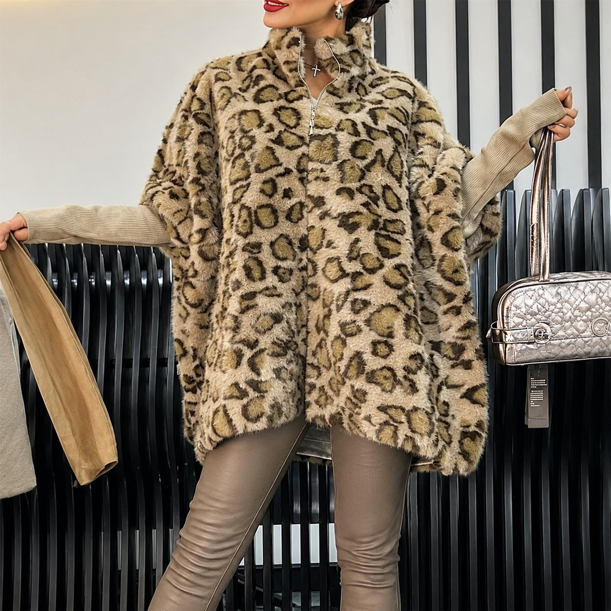 Coat Marlowe™ with Faux Fur Animal Print and Ribbed Sleeves