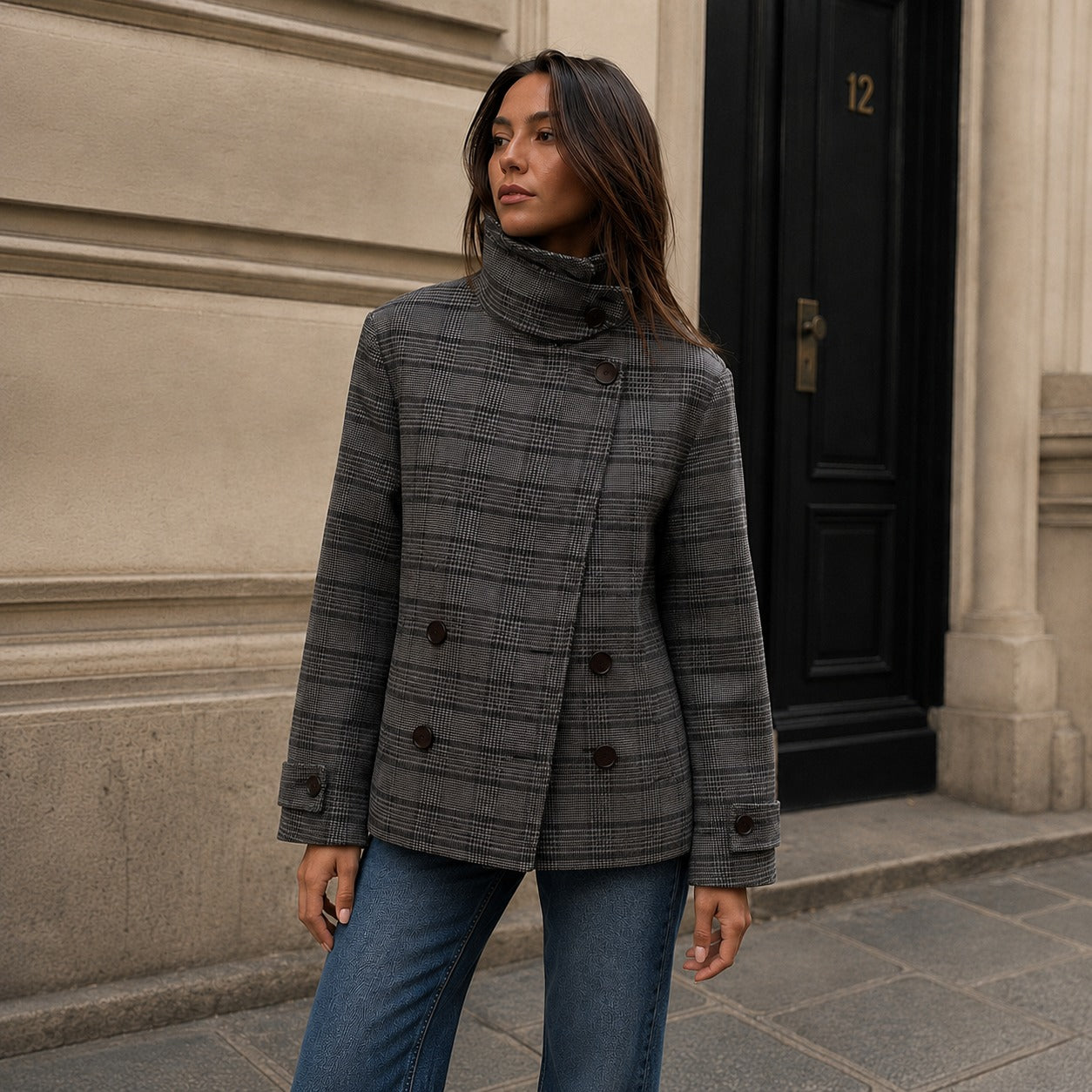 Jacket Nolene™ with Asymmetric Closure, High Stand Collar and Plaid Pattern
