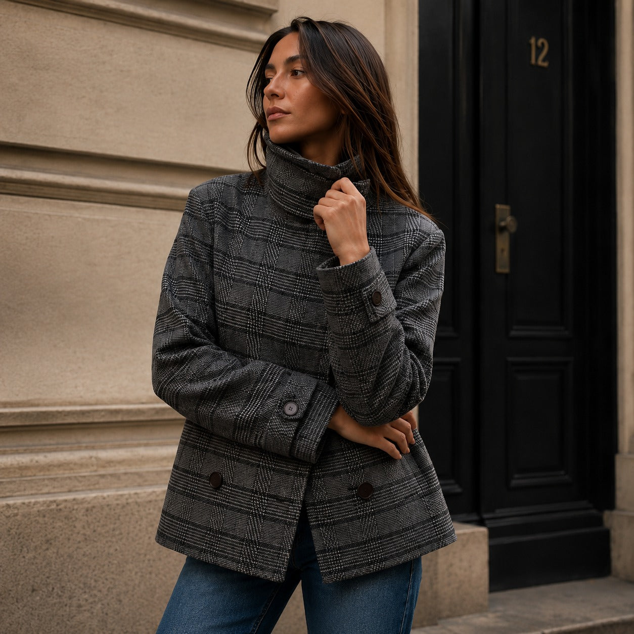 Jacket Nolene™ with Asymmetric Closure, High Stand Collar and Plaid Pattern