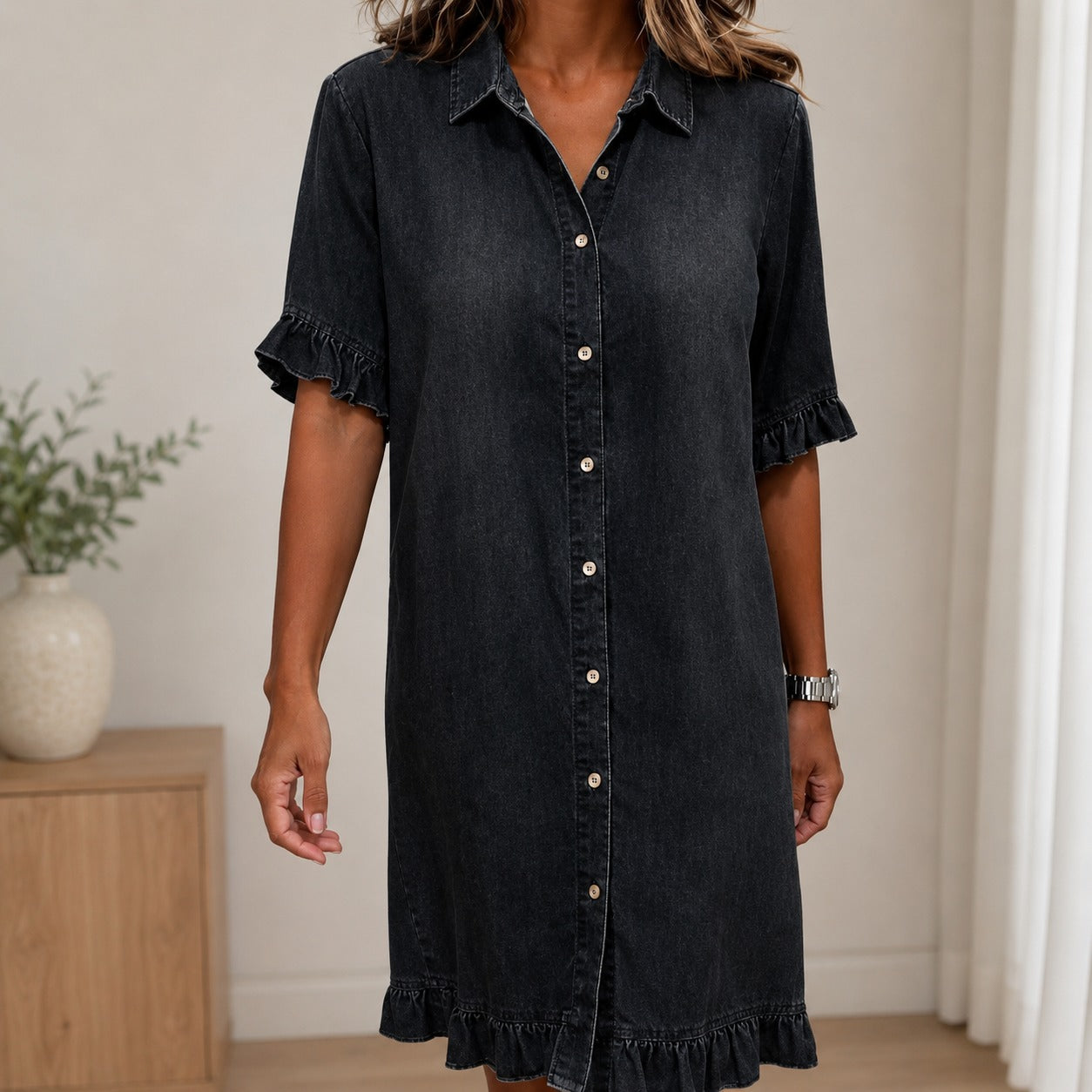 Shirt Dress Colette™ in Lightweight Denim with Classic Collar and Short Ruffle Sleeves