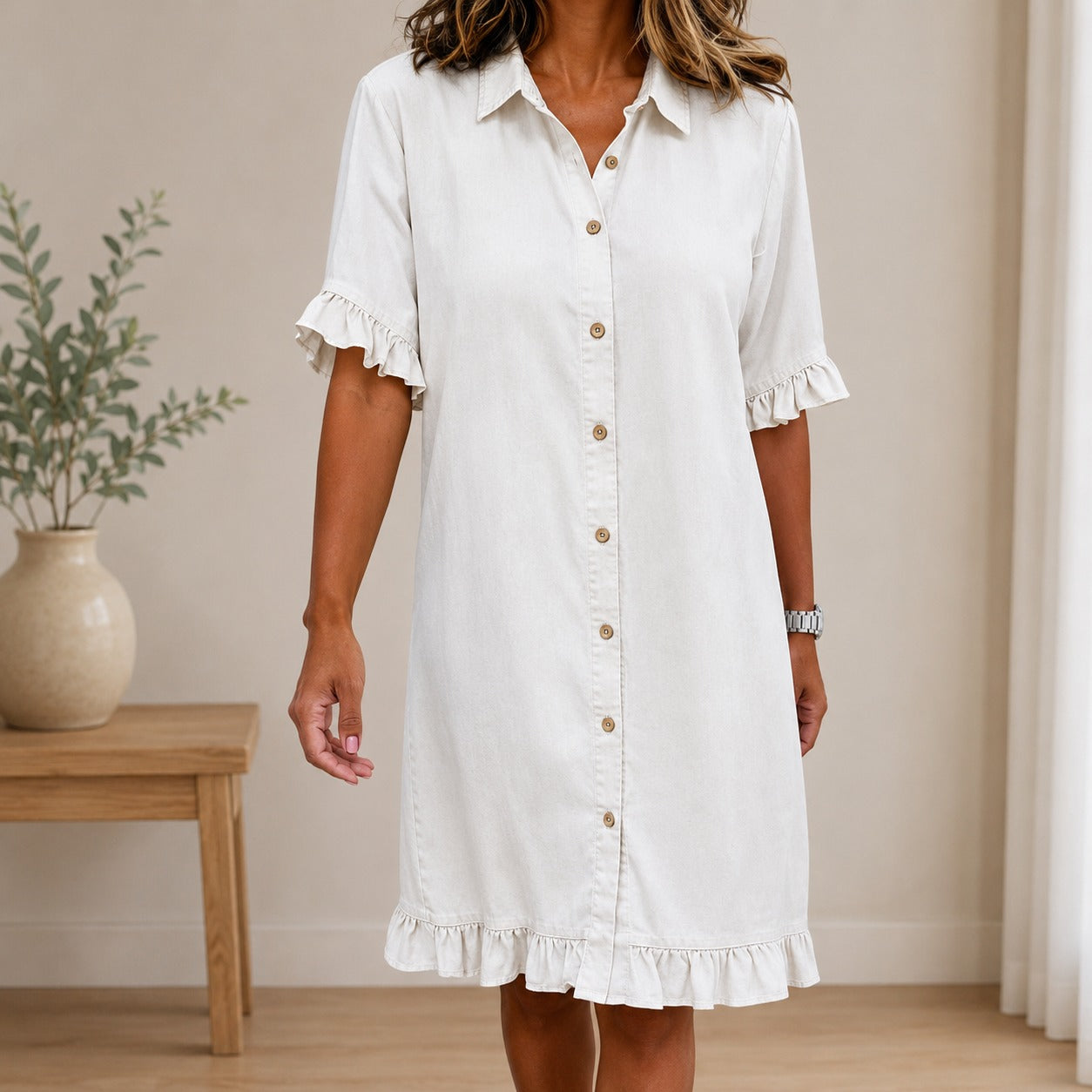 Shirt Dress Colette™ in Lightweight Denim with Classic Collar and Short Ruffle Sleeves