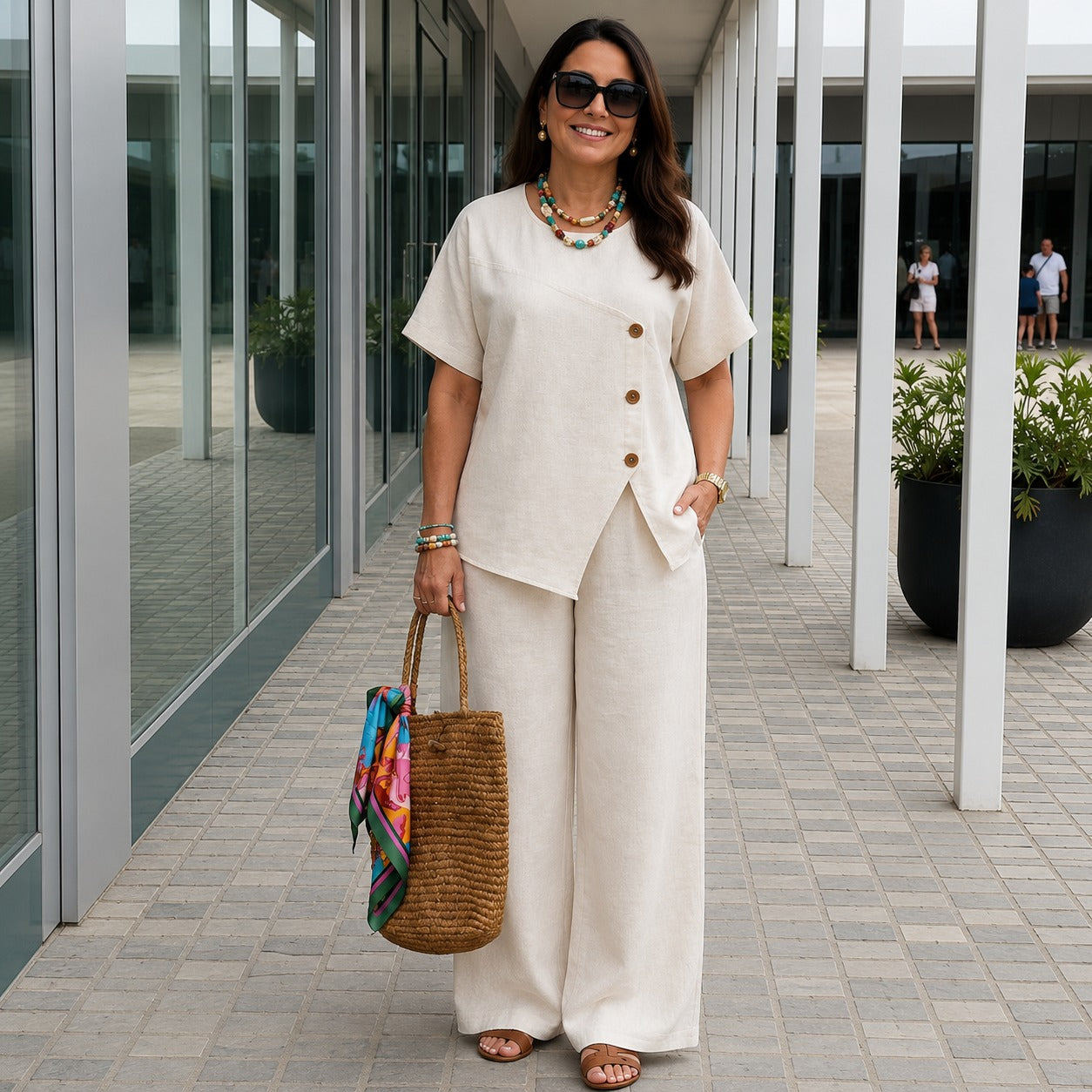 Savena™ Cotton Linen Set with Asymmetrical Top and Flowy Palazzo Pants