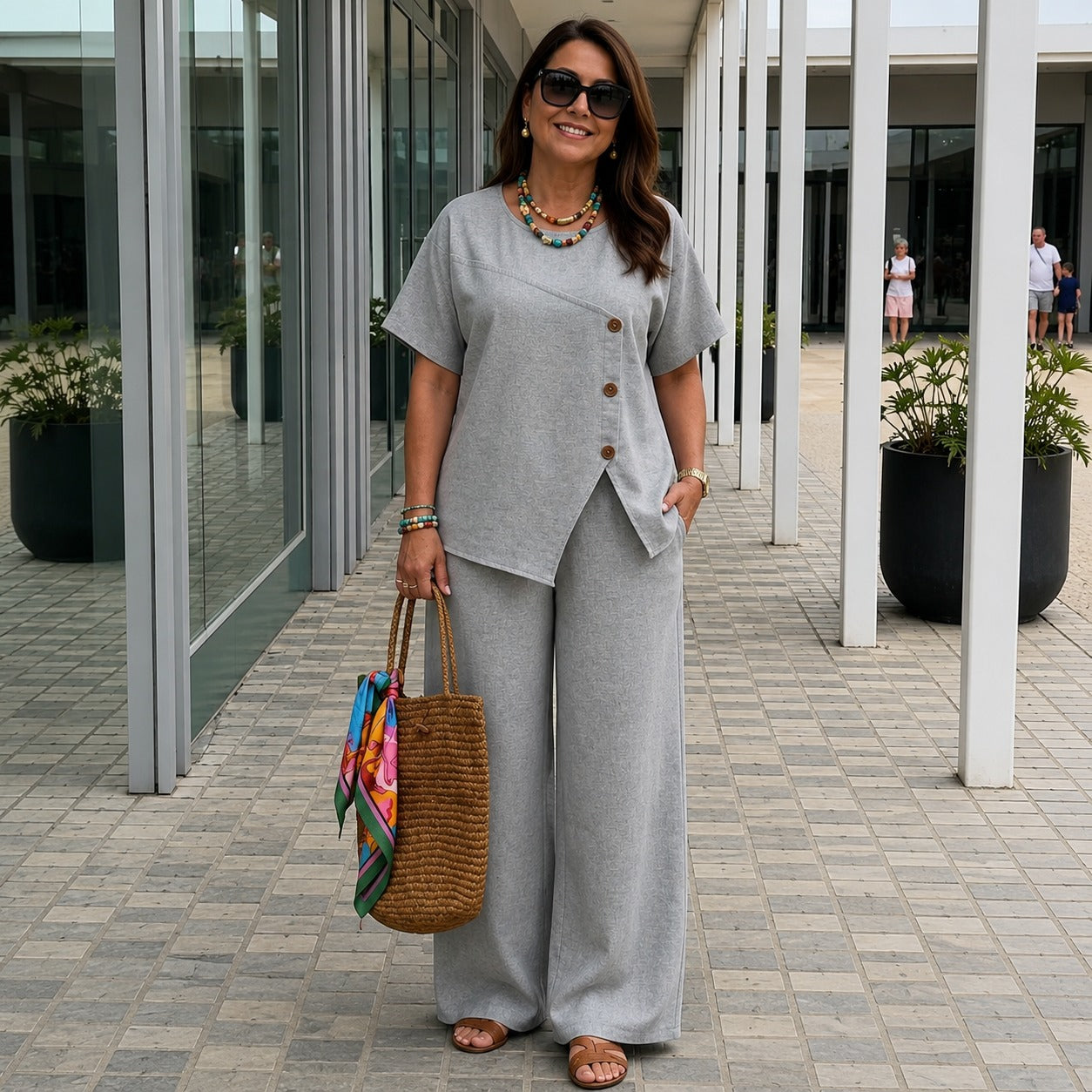 Savena™ Cotton Linen Set with Asymmetrical Top and Flowy Palazzo Pants