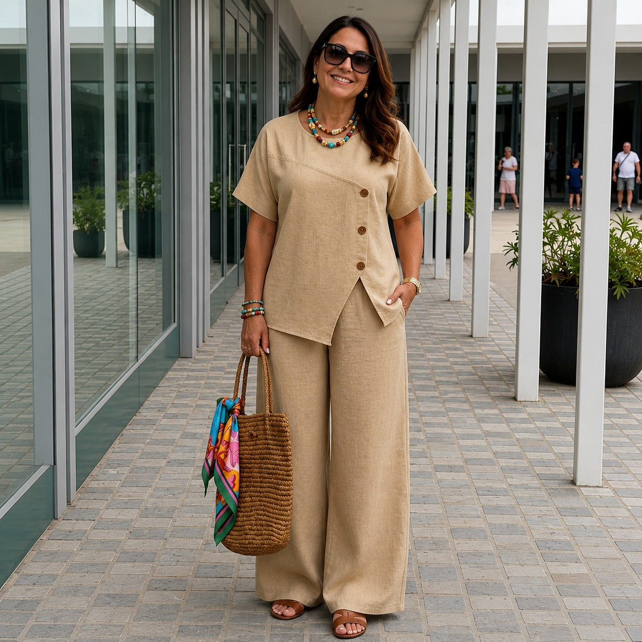 Savena™ Cotton Linen Set with Asymmetrical Top and Flowy Palazzo Pants