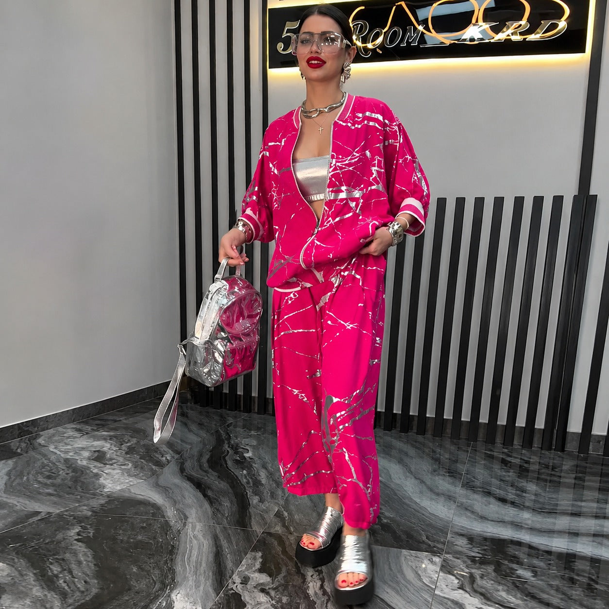 Set Coralie™ with Oversized Bomber Jacket and Abstract Print