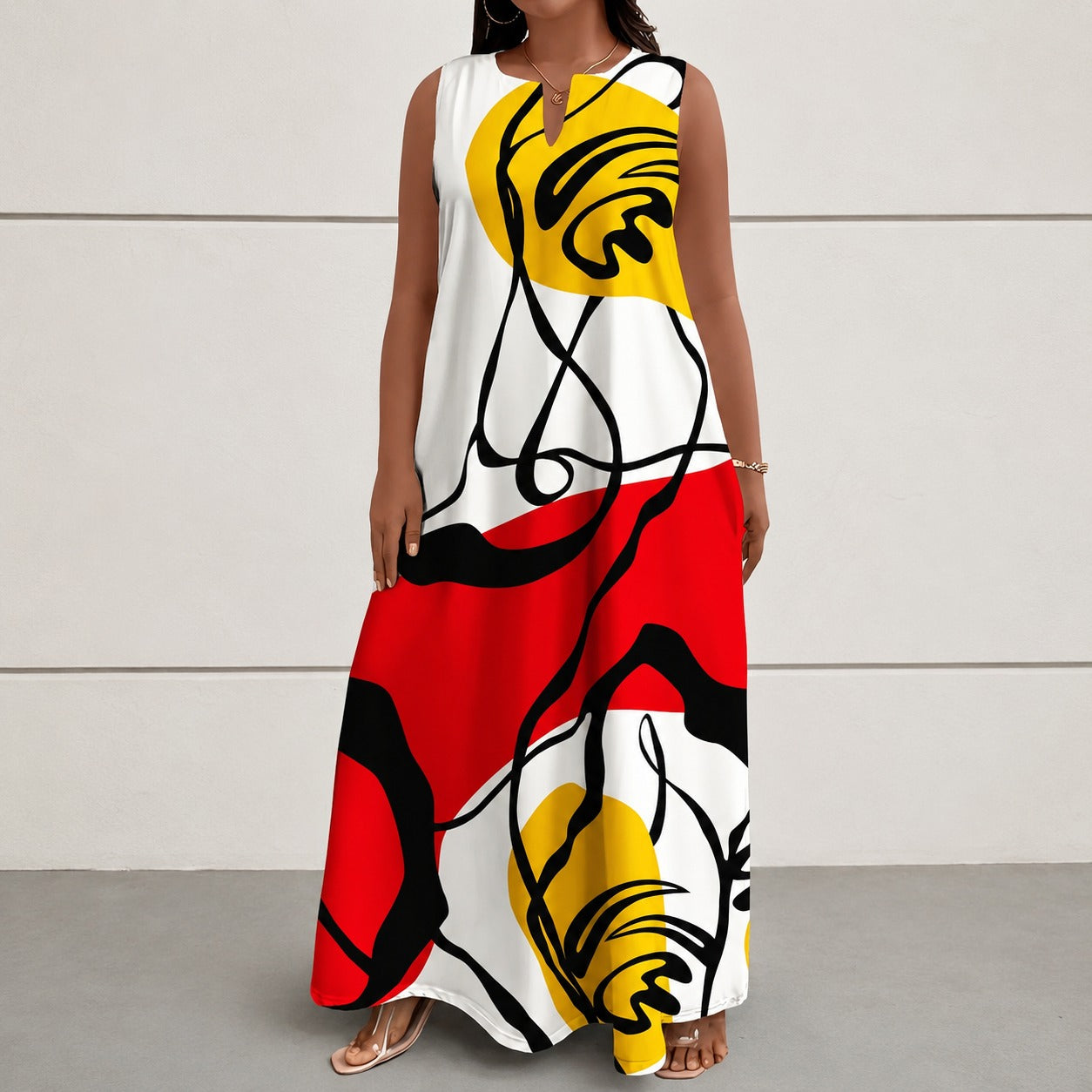 Dress Solenne™ with Abstract Print, Sleeveless Cut and Flowy Drape